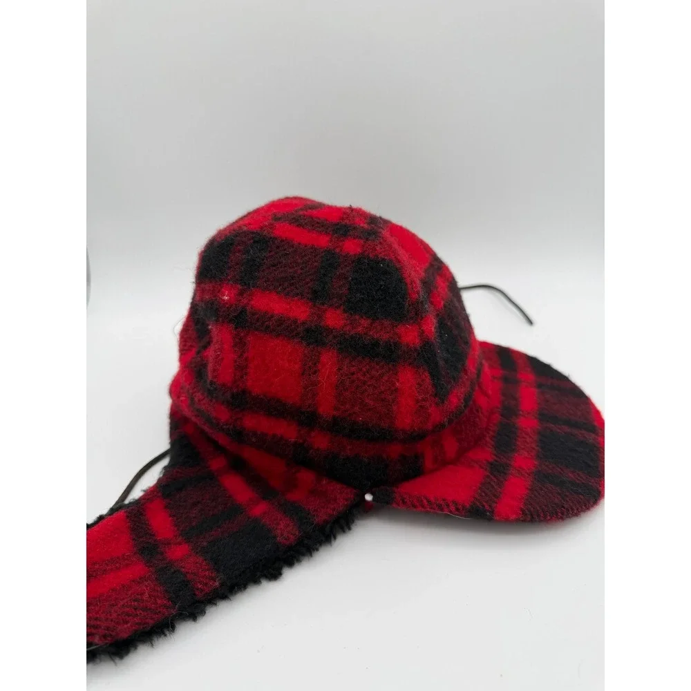 Vintage‎ Eddie Bauer Red Black Plaid Wool Trapper Hat Faux Fur Ear Flaps Large
